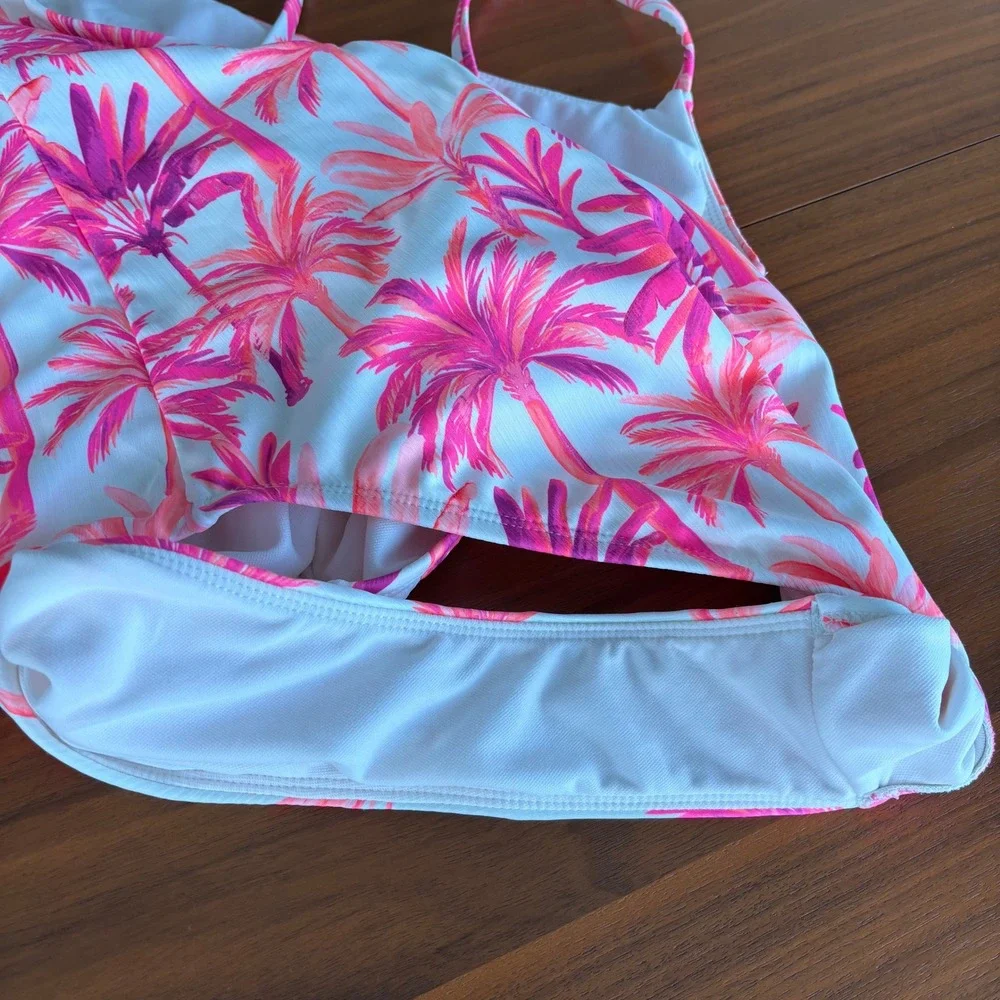 Shade & Shore One Piece Swimsuit L Pink Purple Palm Tree Beachy Tropical Whimsy